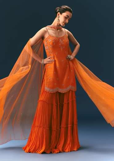 Orange Raw Silk Hand Work Kurti Sharara With Choker Dupatta