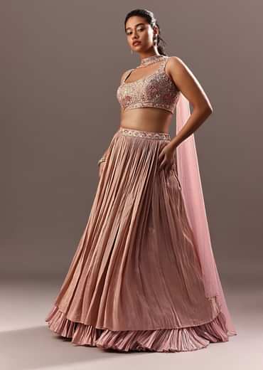 Dusty Pink Ruching Lehenga With Embroidered Blouse And Choker Dupatta