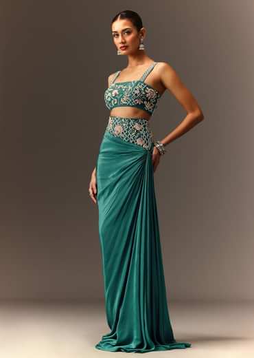 Hand Embroidered Blouse And Drape Skirt With Cape