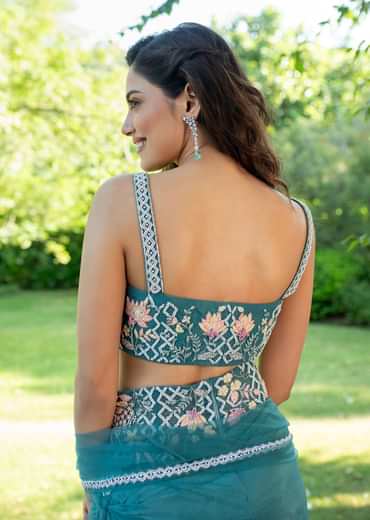 Hand Embroidered Blouse And Drape Skirt With Cape