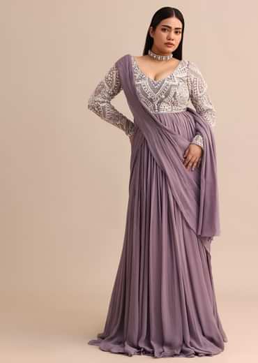 Blue Lilac Pre Drape Suit With Pearl Work
