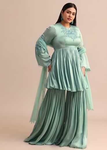 Powder Blue Embroidered Kurta Sharara With Dupatta