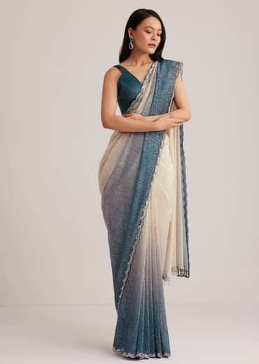 Peacock Blue Ombre Sequins Saree With Scalloped Embroidered Border