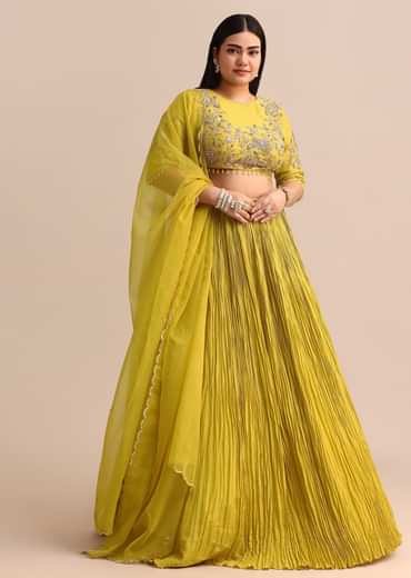 Yellow Ruched Lehenga With Embroidered Blouse And Dupatta