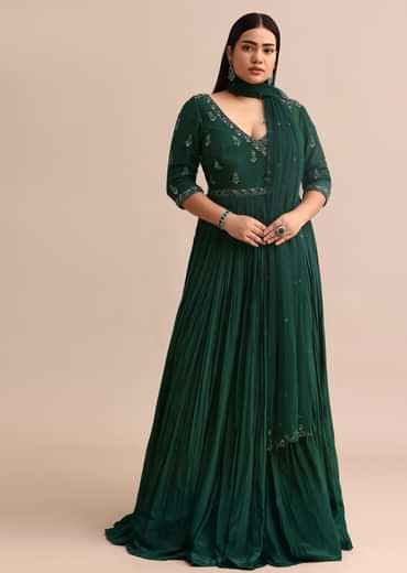 Dark Green Embroidered Anarkali Suit With Net Dupatta