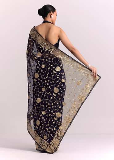 Blue Organza Parsi Gara Embroidered Saree