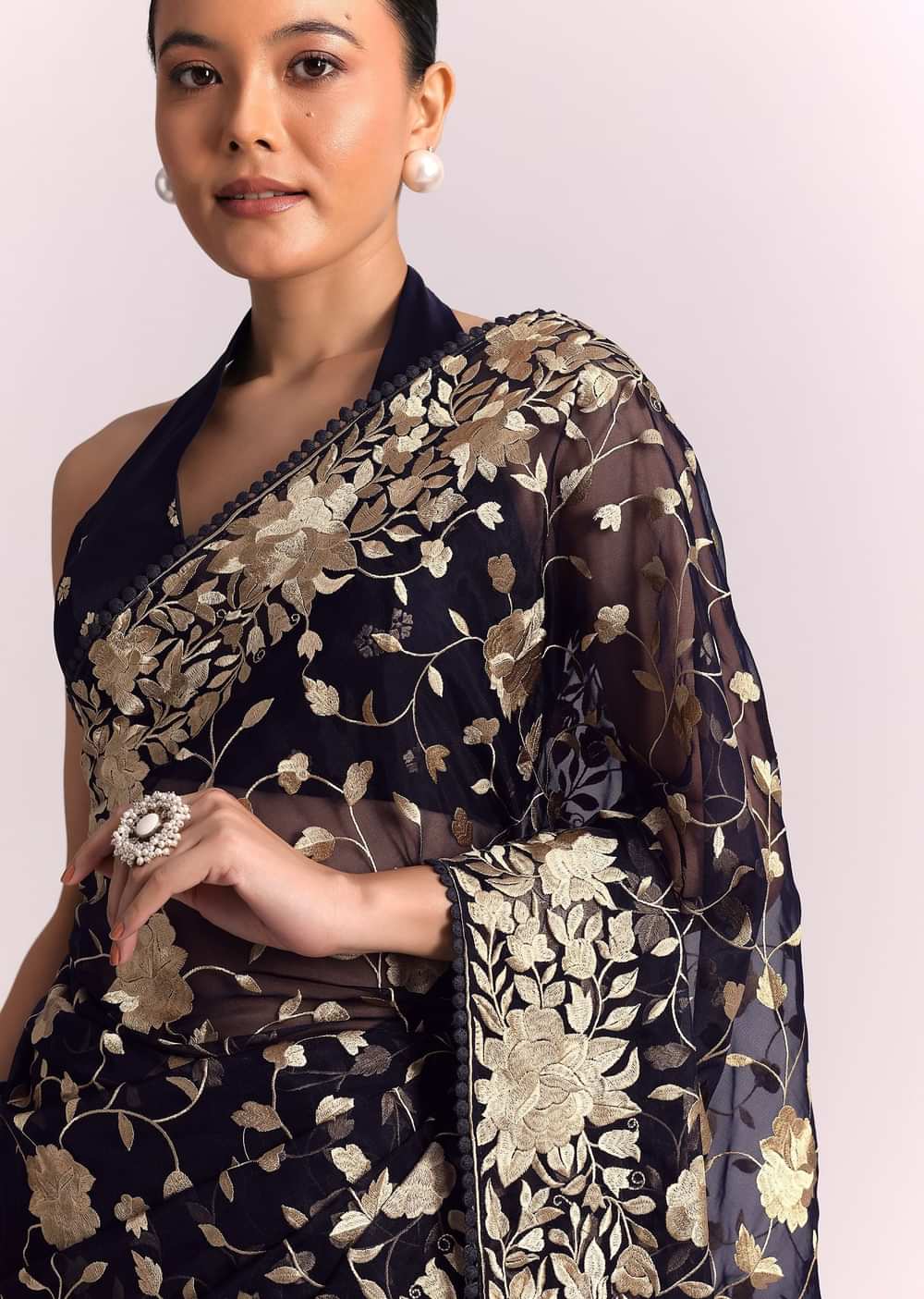 Blue Organza Parsi Gara Embroidered Saree