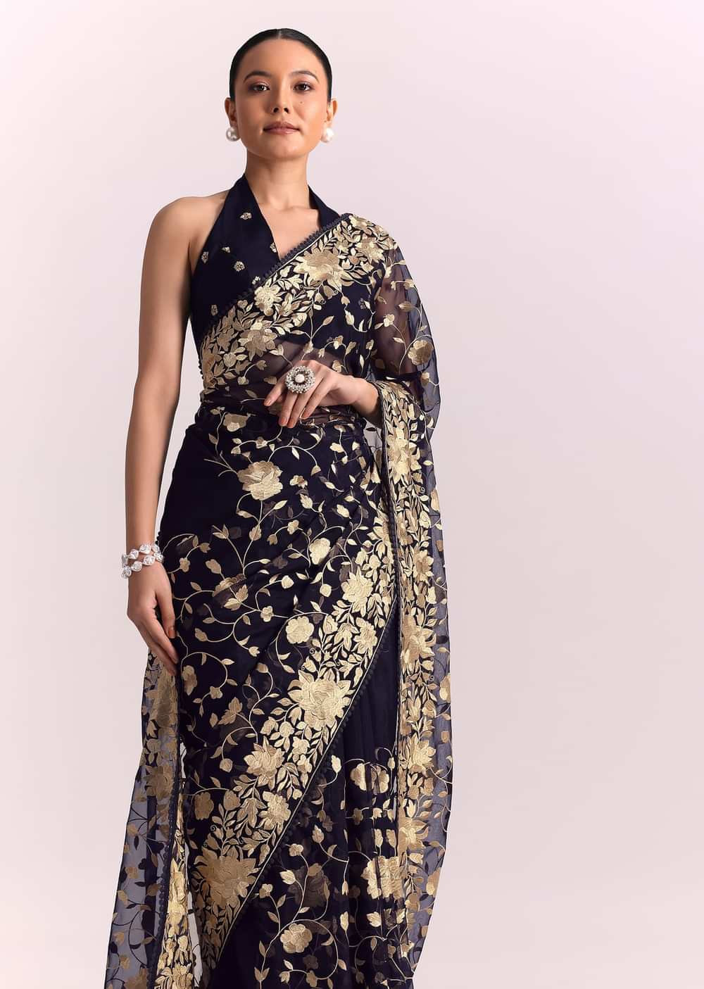 Blue Organza Parsi Gara Embroidered Saree