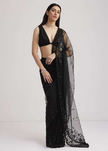 Black Net Heavy Embroidered Saree With Sequins And Stones