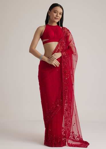 Red Net Saree With Sequins And Stones Embroidery