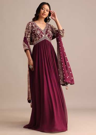 Wine Embroidered Georgette Anarkali Suit