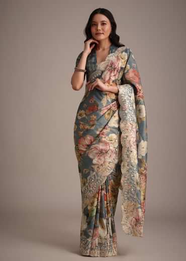 Grey Tissue Muslin Digital Printed Saree With Pitta Work On Border