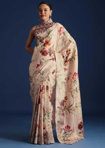 Off White Tissue Muslin Printed Saree With Pitta Work
