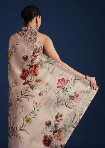 Off White Tissue Muslin Printed Saree With Pitta Work