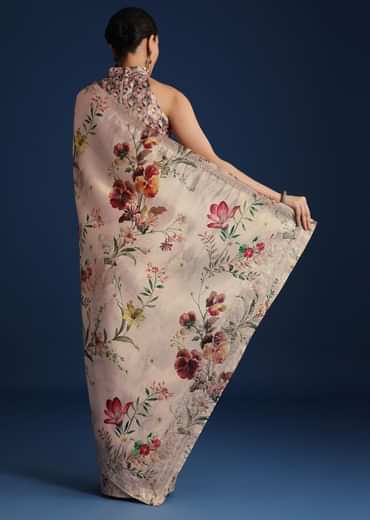 Off White Tissue Muslin Printed Saree With Pitta Work