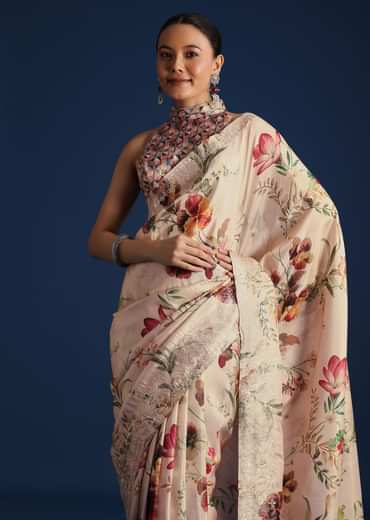 Off White Tissue Muslin Printed Saree With Pitta Work