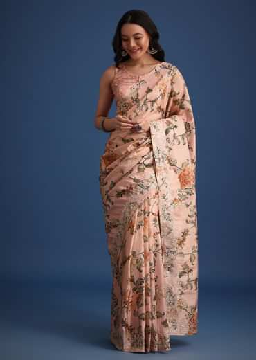 Peach Tissue Muslin Digital Print Saree With Pitta Work Border