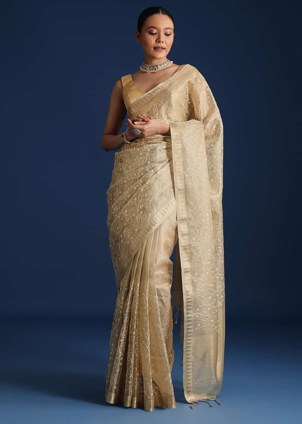 Gold Saree In Tissue Silk with Floral Resham Work