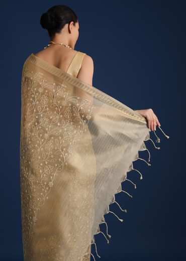 Gold Saree In Tissue Silk with Floral Resham Work