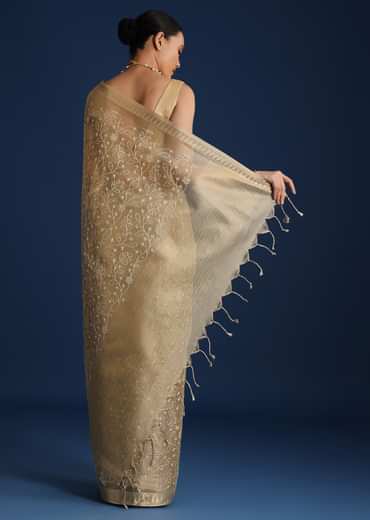 Gold Saree In Tissue Silk with Floral Resham Work