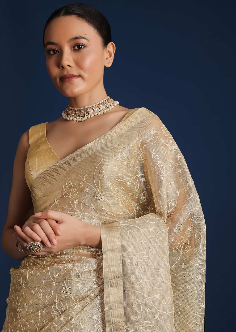 Gold Saree In Tissue Silk with Floral Resham Work