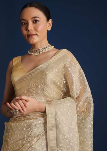 Gold Saree In Tissue Silk with Floral Resham Work