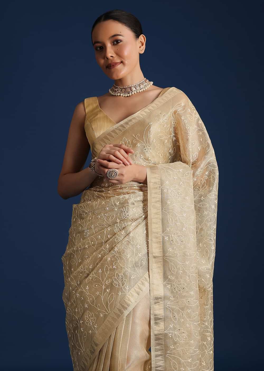 Gold Saree In Tissue Silk with Floral Resham Work