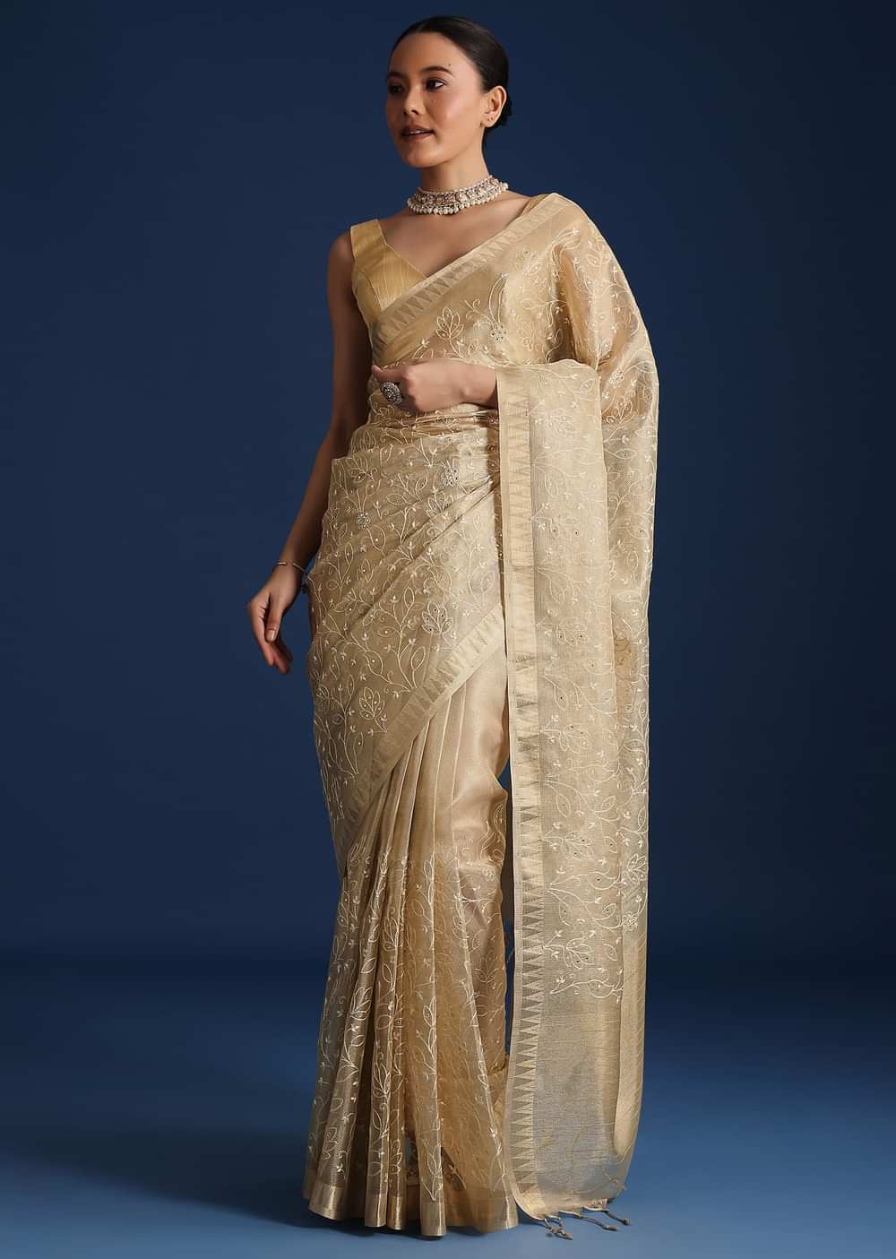 Gold Saree In Tissue Silk with Floral Resham Work