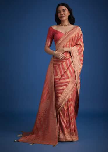 Peach Dola Silk Saree With Zari Work And Gota Patti Border