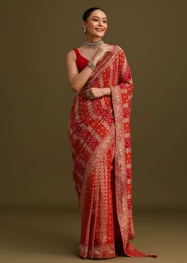 Red Khaddi Georgette Woven Saree With Gotta Patti Border