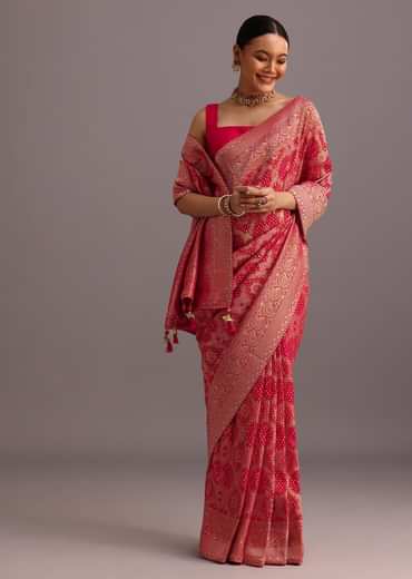 Pink Khaddi Georgette Woven Saree With Gotta Patti Border