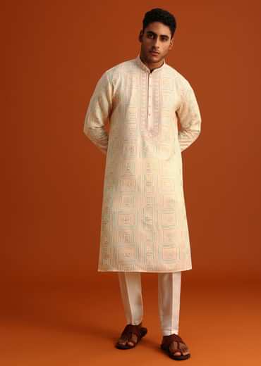 Yellow Silk Kurta Pant Set With Hand Work on Yoke