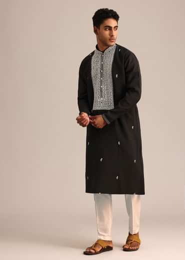 Black Silk Mandarin Collar Kurta Set With Embroidered Yoke
