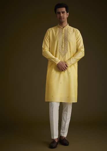 Yellow Silk Kurta Set With Resham Embroidery