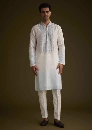 Cream To Blue Ombre Silk Kurta Set With Mirror Embroidery