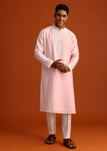Baby Pink Hand Embroidered Kurta Set In Silk