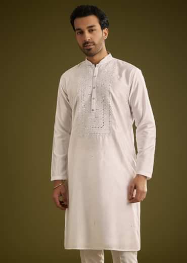 Off White Silk Kurta Set With Thread And Mirror Work