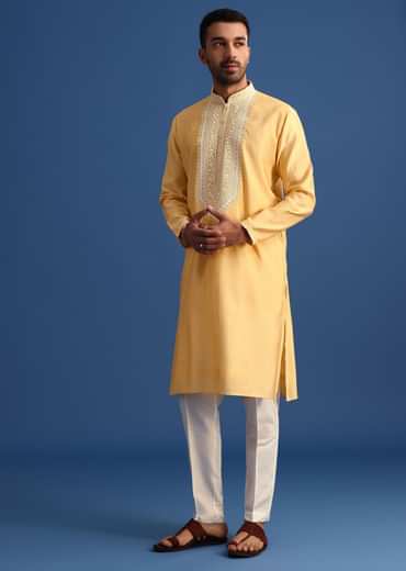 Pastel Yellow Hand Embroidered Kurta Set In Silk