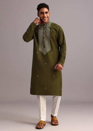 Mehendi Green Silk Kurta Pant Set With Mirror Work