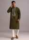 Mehendi Green Silk Kurta Pant Set With Mirror Work