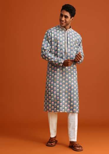 Cobalt Blue Printed Silk Kurta And Pant Set