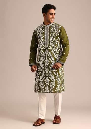 Mehendi Green Kurta Set With Floral Resham Embroidery