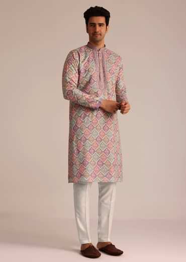 Lilac Printed Silk Kurta Set
