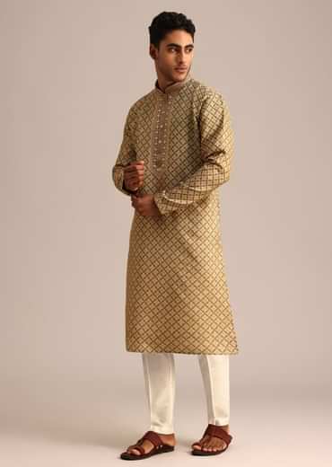 Mehendi Green Georgette Kurta And Pant Set With Printed Detail