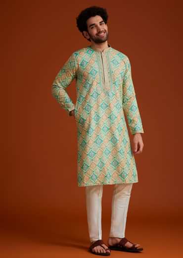 Green Floral Geometric Printed Kurta Pajama Set