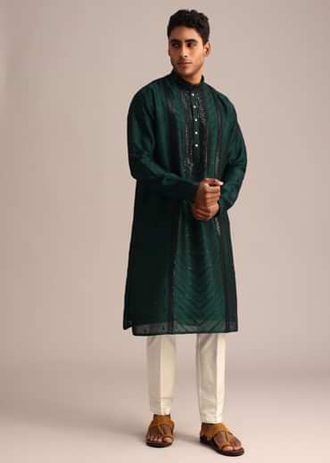 Bottle Green Silk Kurta Set With Sequin Work