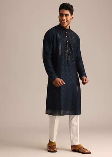 Navy Blue Sequin Work Silk Kurta Set