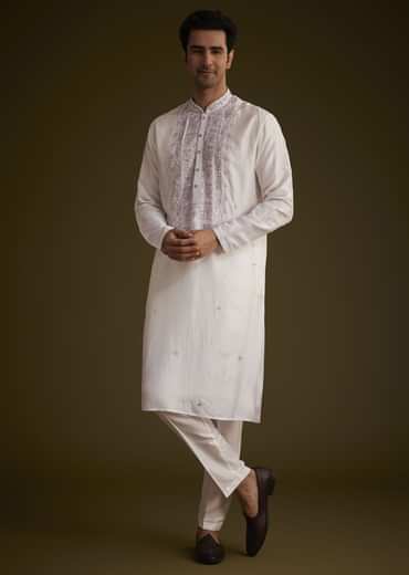 Lilac Silk Kurta Set With Mirror Embellishments