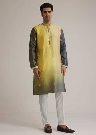 Yellow Ombre Silk Kurta Set With Mirror Work