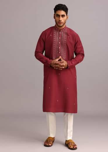 Red Kurta Pant Set In Silk With Mirror Work